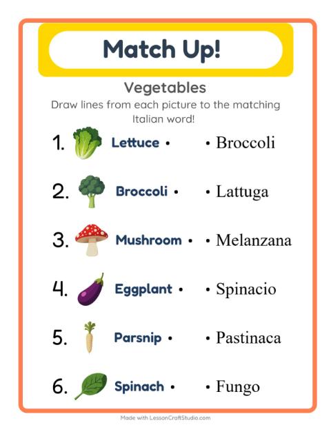 Picture-word match – Vegetables