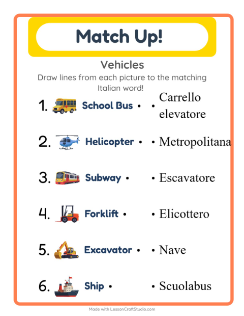 Picture-word match – Vehicles