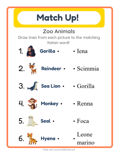 Picture-word match – Zoo Animals