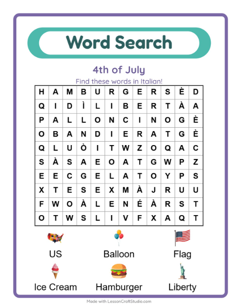 Picture word search – Fourth of July Things