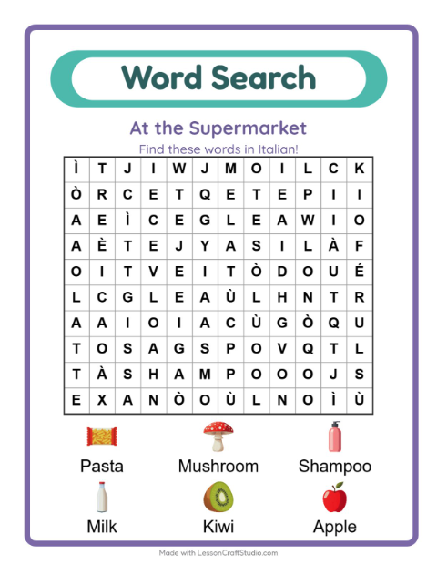 Picture word search – Supermarket Things