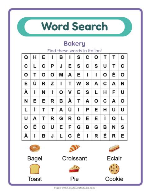 Picture word search – Bakery Treats
