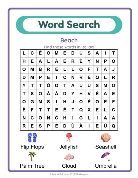 Picture word search – Beach Things