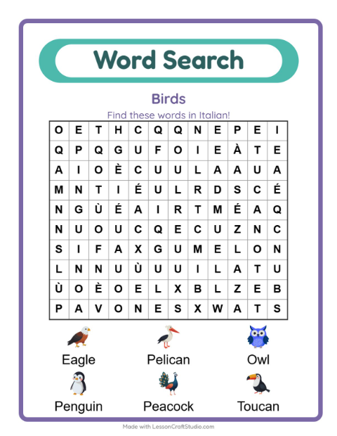 Preview of Which letters spell AQUILA? Six Italian bird names to track down