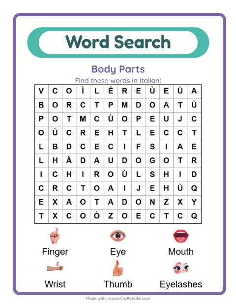Picture word search – Body Parts