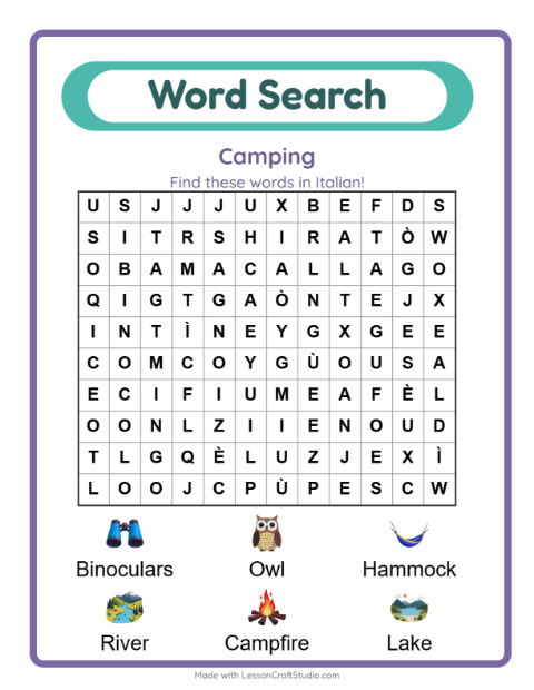 Picture word search – Camping Gear