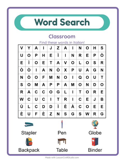 Picture word search – Classroom Objects