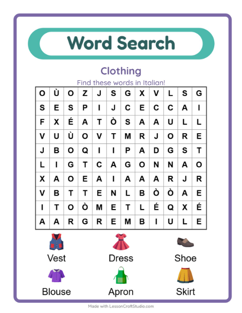 Picture word search – Clothes