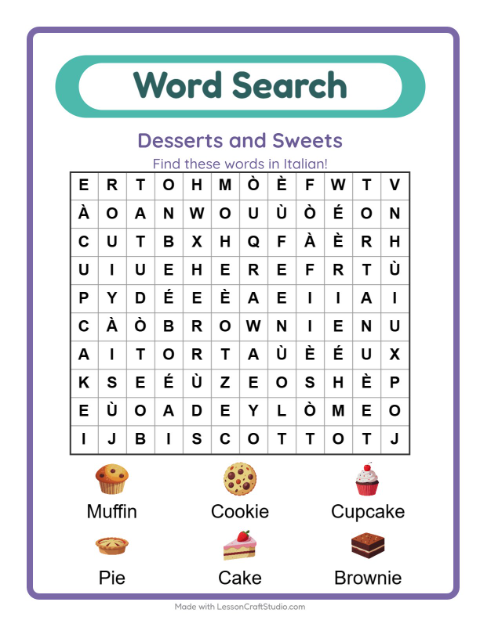 Picture word search – Desserts and Sweets