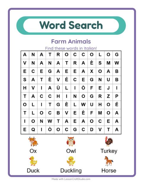 Picture word search – Farm Animals
