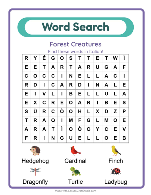Picture word search – Forest Creatures