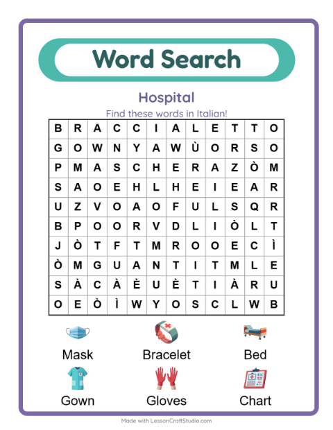 Picture word search – Hospital Things