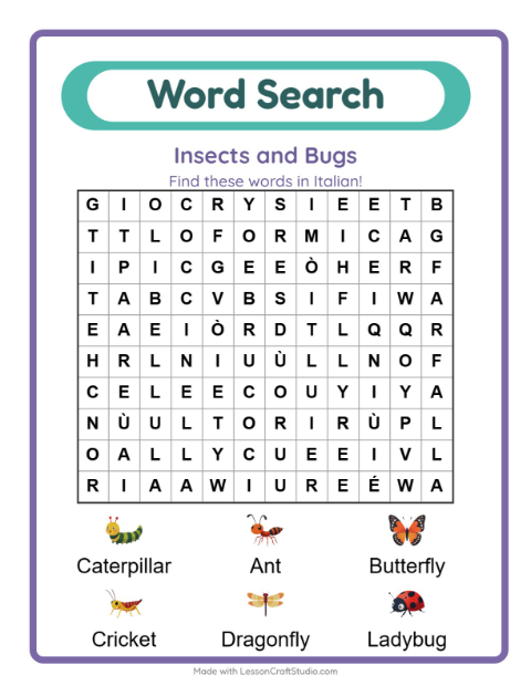 Picture word search – Insects and Bugs
