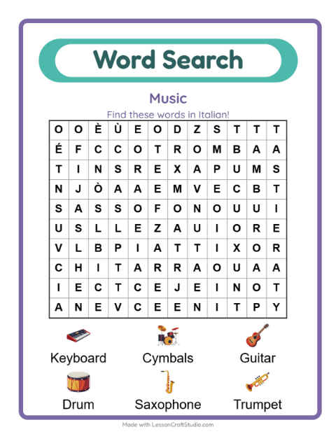 Picture word search – Musical Instruments