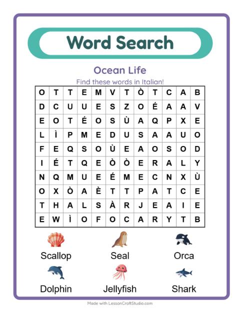 Picture word search – Ocean Life
