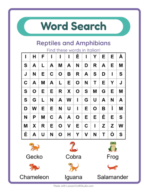 Picture word search – Reptiles and Amphibians