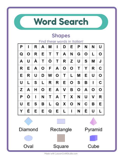 Preview of Shape words in Italian: four flat, two solid, all in one grid