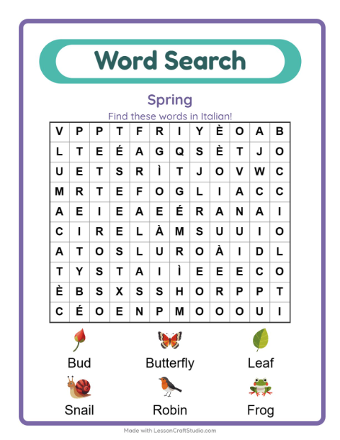 Preview of A robin, a snail and a frog — find their Italian names
