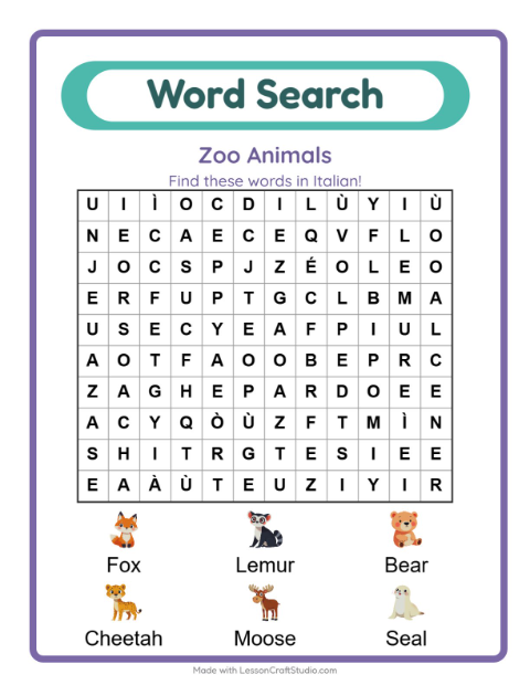 Picture word search – Zoo Animals