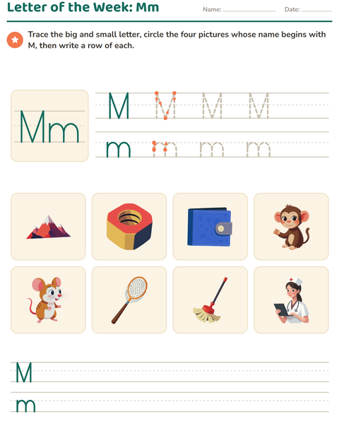 Letter of the Week: Trace, Circle and Write One Letter