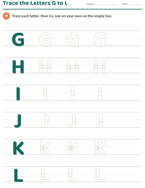 Letter Tracing G to L on Handwriting Lines