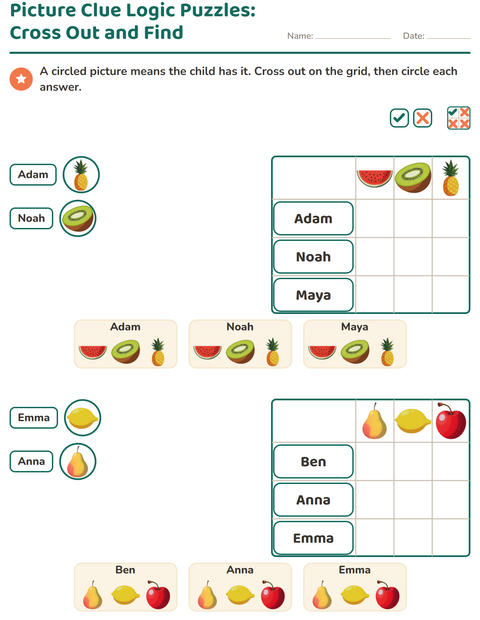 Preview of Logic Grid Puzzles worksheet featuring Fruits for grade 1