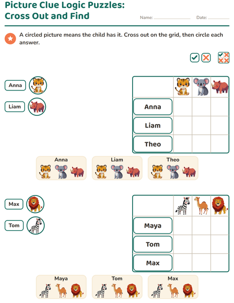 Preview of Logic Grid Puzzles worksheet featuring Zoo Animals for grade 1