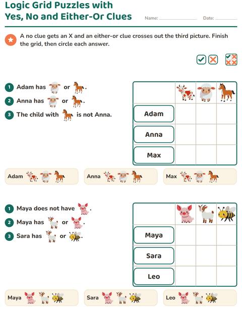 Logic Grid Puzzles with Yes, No and Either-Or Clues — Farm Animals