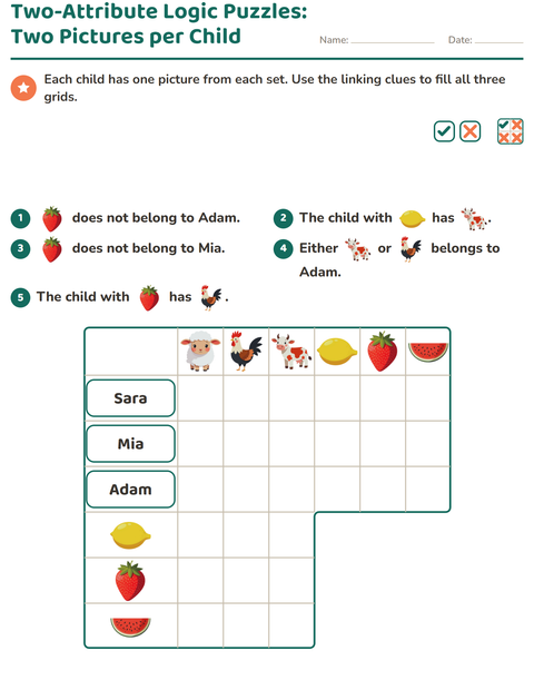 Two-Attribute Logic Puzzles: Two Pictures per Child — Farm Animals