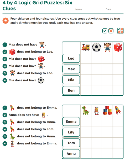 4 by 4 Logic Grid Puzzles: Six Clues