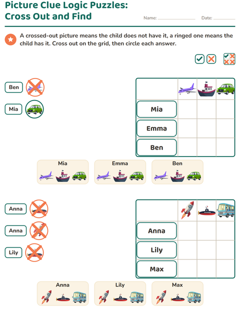 Preview of Logic Grid Puzzles worksheet featuring Vehicles for grade 1