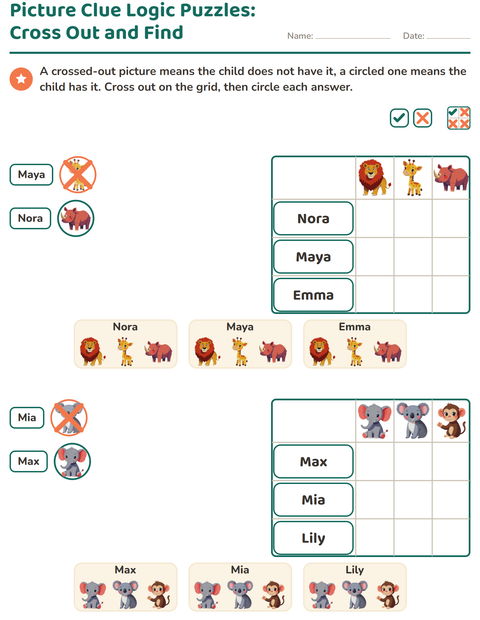 Preview of Logic Grid Puzzles worksheet featuring Zoo Animals for grade 1
