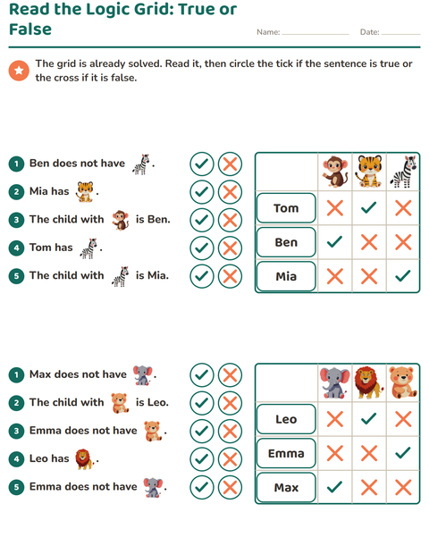 Preview of Logic Grid Puzzles worksheet featuring Zoo Animals for grade 2