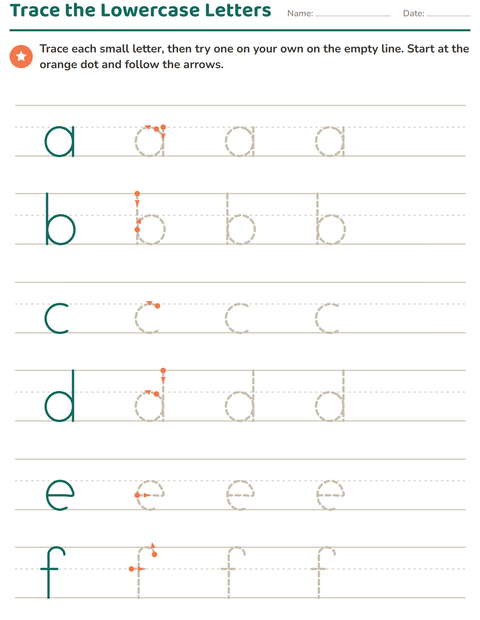 Lowercase Letter Tracing on Three-Line Paper
