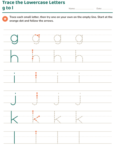 Lowercase Letter Tracing g to l on Three-Line Paper