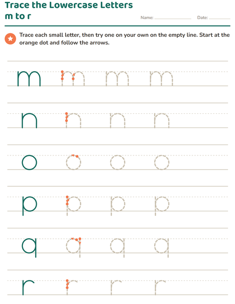 Lowercase Letter Tracing m to r on Three-Line Paper