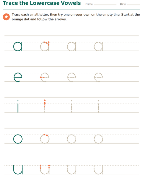 Lowercase Vowel Tracing on Three-Line Paper