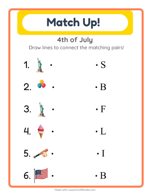 Preview of Matching worksheet featuring 4th of July for kindergarten