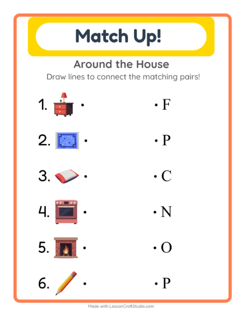Preview of Matching worksheet featuring Around the House for kindergarten