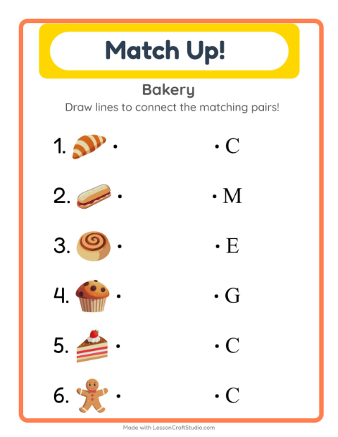 Preview of Matching worksheet featuring Bakery for kindergarten