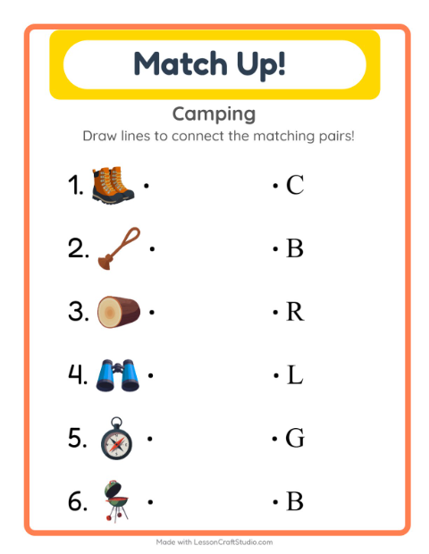 Preview of Matching worksheet featuring Camping for kindergarten