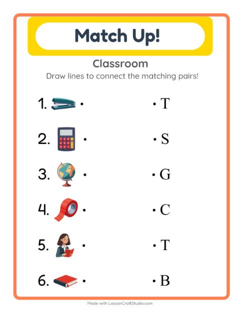 Preview of Matching worksheet featuring Classroom for kindergarten