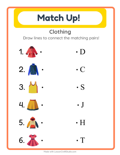 Preview of Matching worksheet featuring Clothing for kindergarten