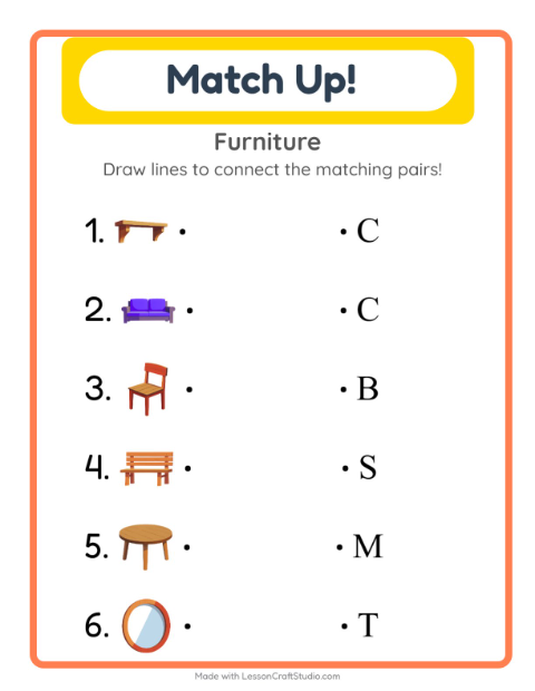 Preview of Matching worksheet featuring Furniture for kindergarten