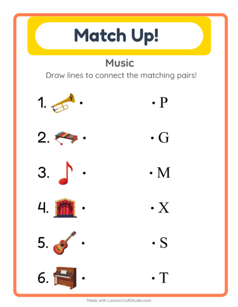 Preview of Matching worksheet featuring Music for kindergarten