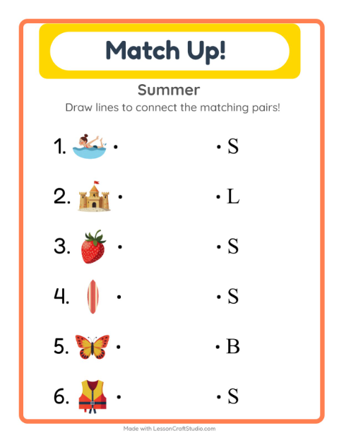 Preview of Matching worksheet featuring Summer for kindergarten