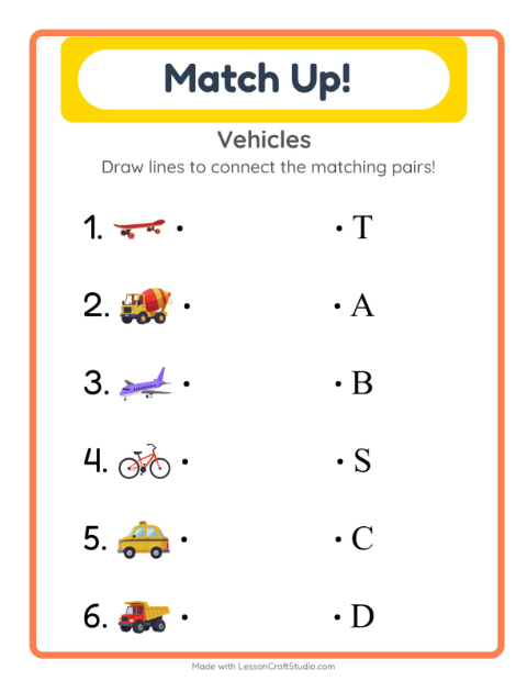 Preview of Matching worksheet featuring Vehicles for kindergarten