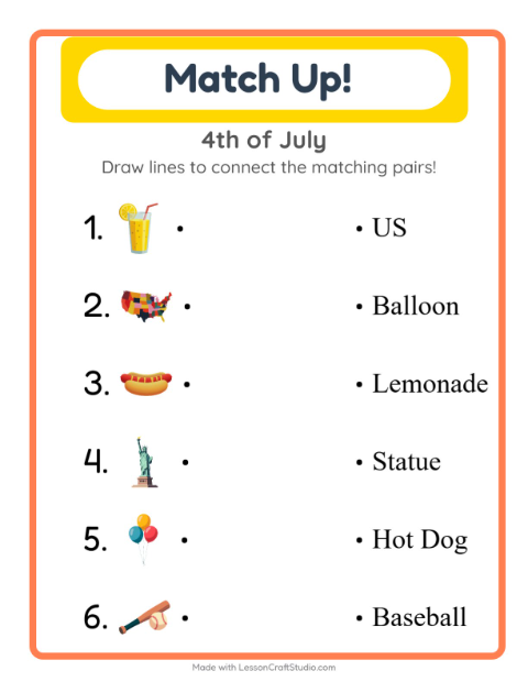 Preview of Matching worksheet featuring 4th of July for kindergarten