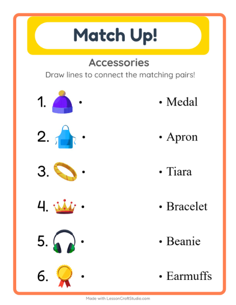 Preview of Matching worksheet featuring Accessories for kindergarten