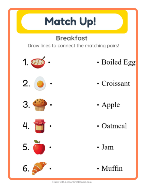 Preview of Matching worksheet featuring Breakfast for kindergarten